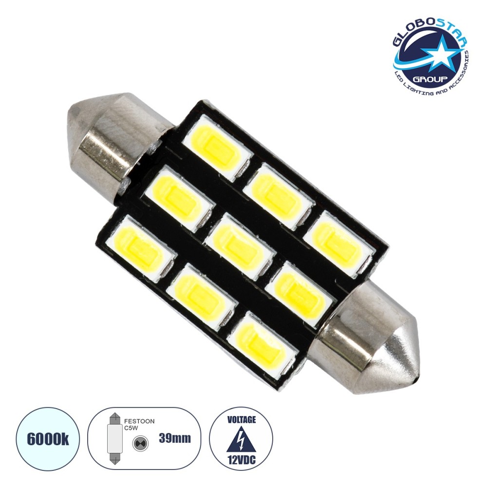GloboStar® C5W 81307 Λάμπα Αυτοκινήτου LED 39mm FESTOON - 9xSMD5630 4.5W 675lm 120° DC 12-16V IP20 Μ3.9 x Π1.2 x Υ1.2cm Ψυχρό Λευκό 6000K